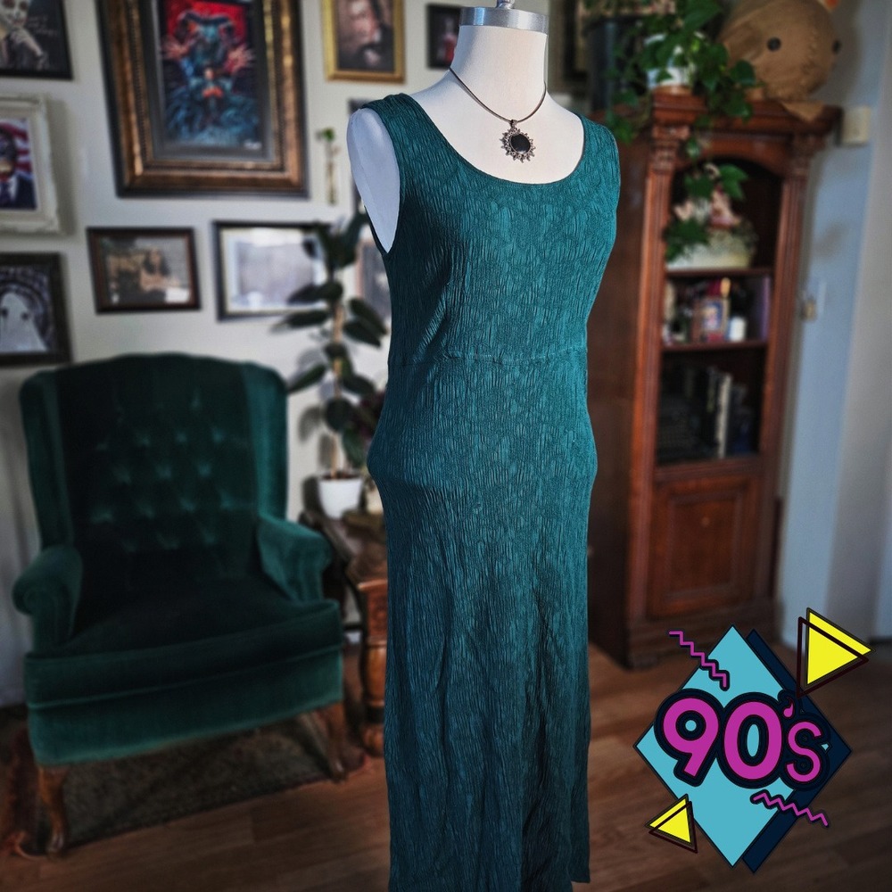 Karin Stevens Dress Vintage 90s Forest Green Crinkle Rayon Maxi Sleeveless 10